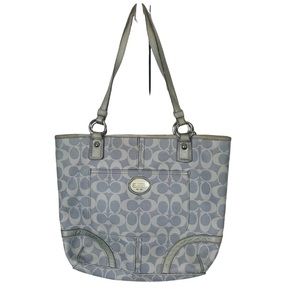 Coach Peyton Signature Heritage Leather Tote-ice blue,silver